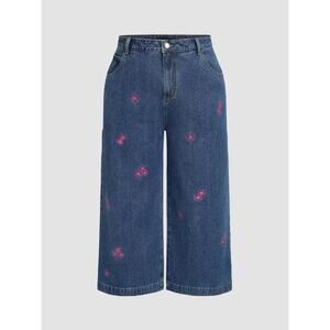 Cider Women’s Embroidered Pink Daisy Floral Wide Leg Jeans Curvy Plus Size 4XL